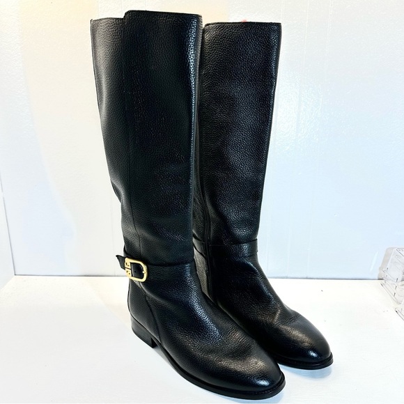 Tory Burch Brook Buckle Tall Riding Boot Pebble Leather Gold Buckle Full Zip W8 - Picture 2 of 16